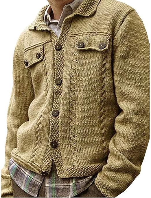 Oneforus Men's Stand Collar Cardigan Sweater Cable Knit Button up Cotton Sweater Winter Jacket