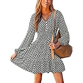 CUPSHE Women Geo V Neck Fall Dress Sleeveless Smocked Waist A Line Long Sleeve Button Casual Sundress Mini Dress