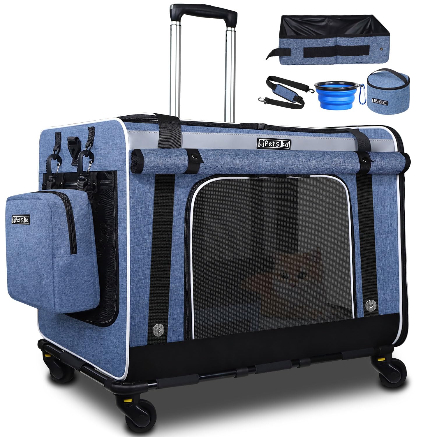 Photo 1 of Petskd Extra Large Cat Carrier with Wheels and Litter Box, 24"x17"x17" Rolling Soft Carrier Until 55LBS Pets with 5 Breathable Mesh Windows and Locking Zippers for Long Distance Car Travel(Blue)