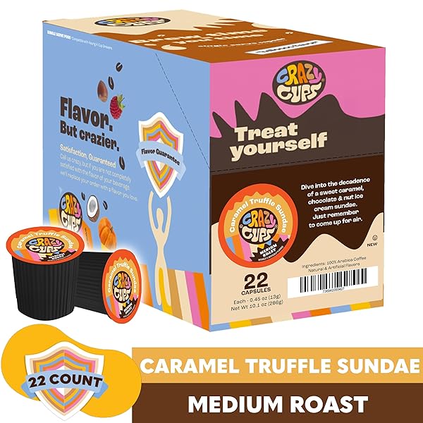 CRAZY CUPS FLAVORED COFFEE FOR KEURIG K-CUP MACHINES, CARAMEL TRUFFLE SUNDAE, HOT OR ICED DRINKS, 22 SINGLE SERVE, RECYCLABLE PODS