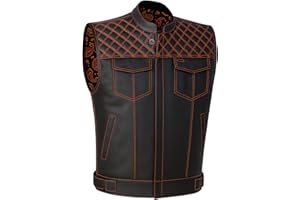Jackets 4 Bikes SOA Men's Motorcycle Vest, Geniune Buffalo Leather, Back Armor, Inside Pockets, Motorbike Riding Club Vests Paisley Orange L
