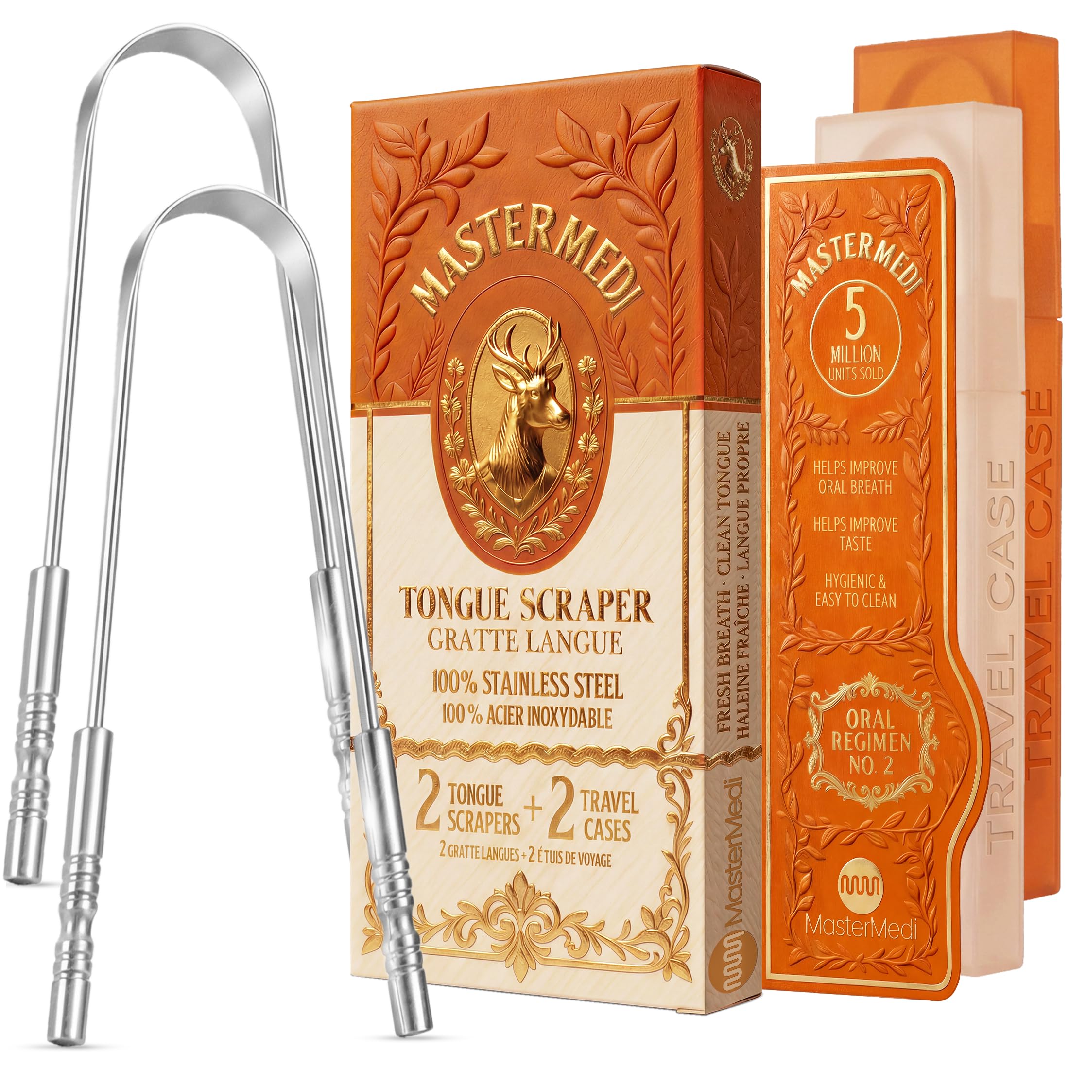 MasterMedi Tongue Scraper with Travel Case (2 Pack), Bad Breath Treatment Tongue Scraper for Adults, Medical Grade 100% Stainless Steel for Oral Care, Easy to Use Tongue Cleaner for Hygiene