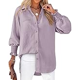 Bellcoco Women's Button Down Shirts Puff Sleeve Oversized Blouses Boyfriends Loose Tunics Casual Work Tops with Pocket(Grey Pink Shirt M