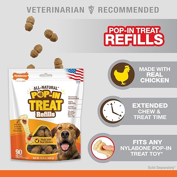 NYLABONE POP-IN TREAT-TOY REFILL CHEWS, ALL-NATURAL DOG TREATS FOR TREAT DISPENSING TOYS, CHICKEN FLAVOR, 30 COUNT