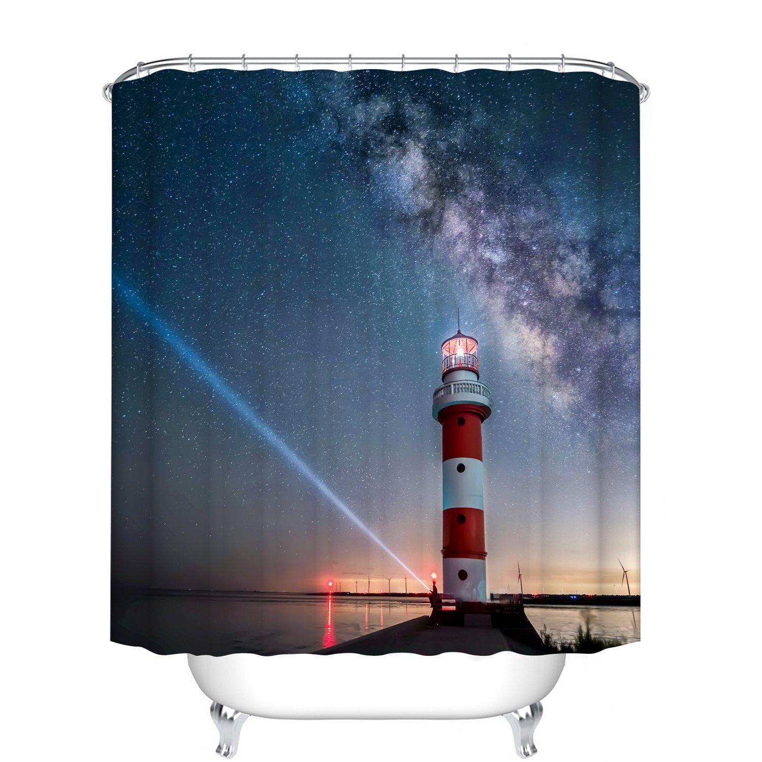 Fangkun Bathroom Shower Curtain Lighthouse Design - Polyester Fabric Waterproof Bath Curtains Ocean Sunset at Seaside Docks Decor Set - 12pcs Shower Hooks - 72 x 72 inches