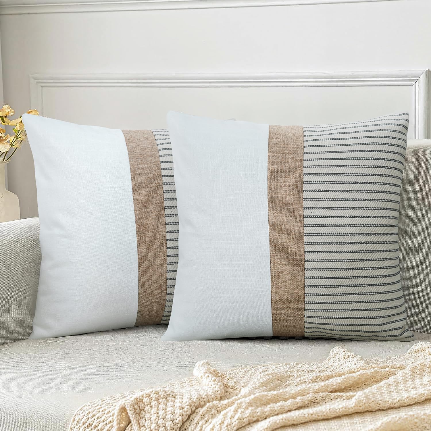 Photo 1 of JASEN Farmhouse Pillow Covers 20x20, Modern Accent Square Throw Pillow Covers Set of 2, Grey and Beige Striped Patchwork Decorative Pillow Case for Sofa Couch Chair Bedroom