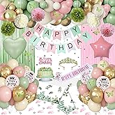 Pink and Sage Green Birthday Party Decorations with Happy Birthday Banner, Balloons, Sash, Crown, Butterfly, Hanging Swirls, Tablecloth, Fringe Curtain, Pompoms for Women Girls Princess Party Supplies