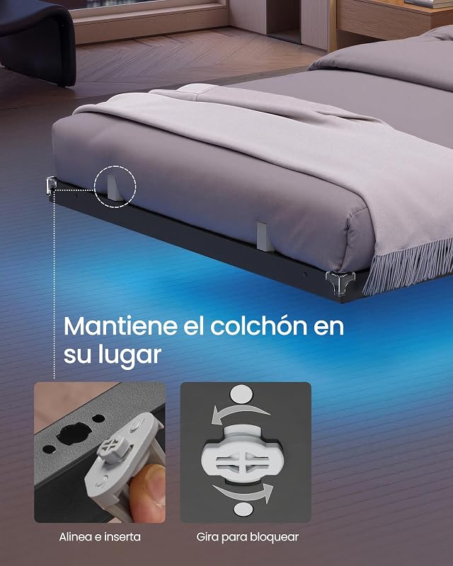 Estrutura da cama 90 x 190 cm, luzes LED, estação de carregamento removível, 2 tomadas AC, 1 porta USB-C, 1 porta USB-A, 1 polegada traseira, suporta até 250 kg, tinta preta RMB171B101