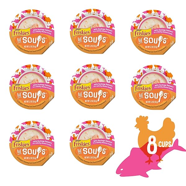 PURINA FRISKIES GRAIN FREE LICKABLE CAT FOOD TOPPERS LIL’ SOUPS WITH SOCKEYE SALMON IN CHICKEN BROTH – (PACK OF 8) 1.2 OZ. CUPS