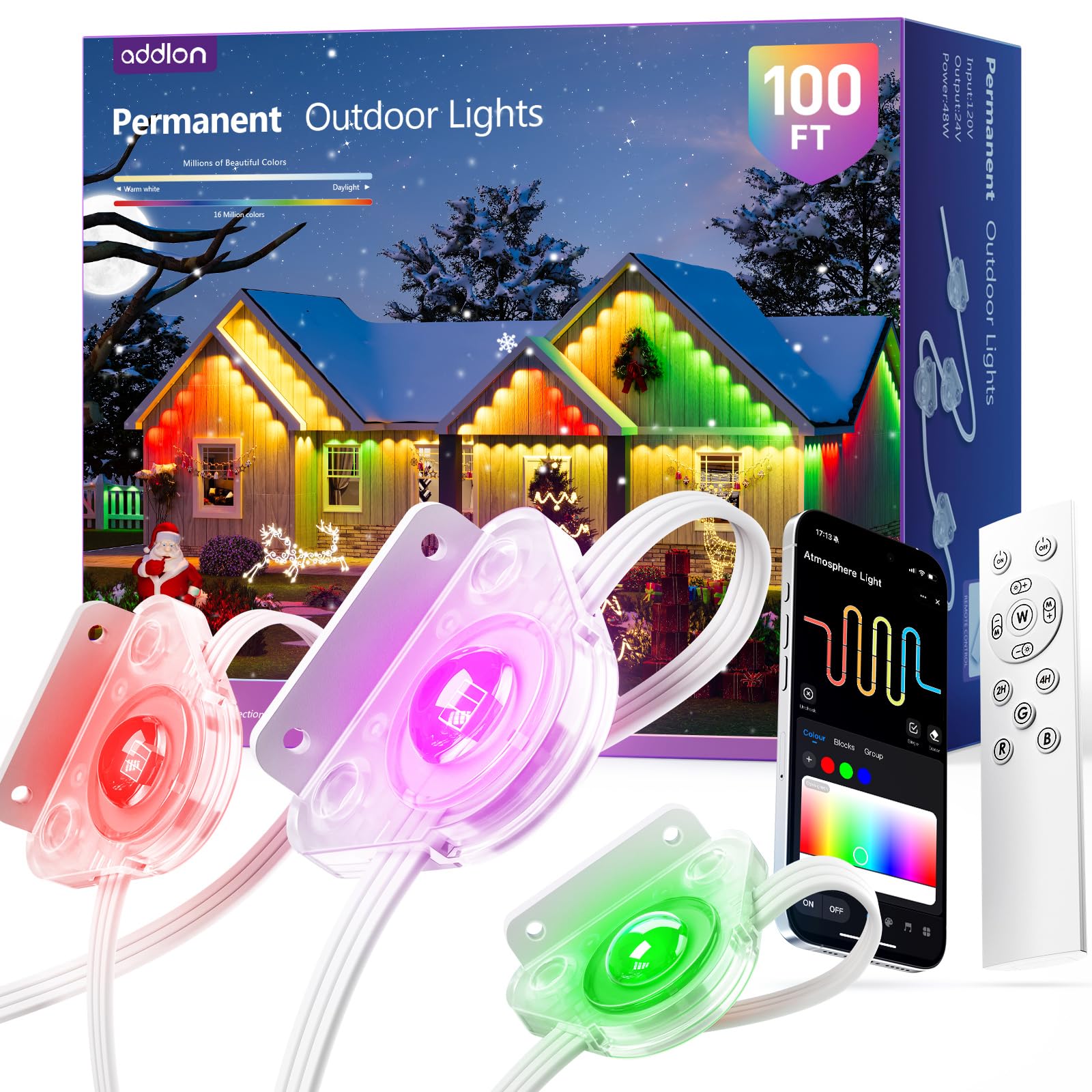 Photo 1 of **FACTORY SEALED** addlon 100FT Permanent Outdoor Lights, Smart RGB+IC LED Lights for House & Outdoor Decor, App & Remote Control, DIY Scene Modes, IP67 Waterproof for Christmas, Holiday, Party, Halloween Decorations