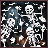 GOMANCHE Halloween Window Skeleton Clings, Stereoscopic Effect Window Decor | Extra Large Reusable Bat Ghost Spider Decals for Halloween Indoor Decoration, Static Sticker for Haunted House Party Supplies