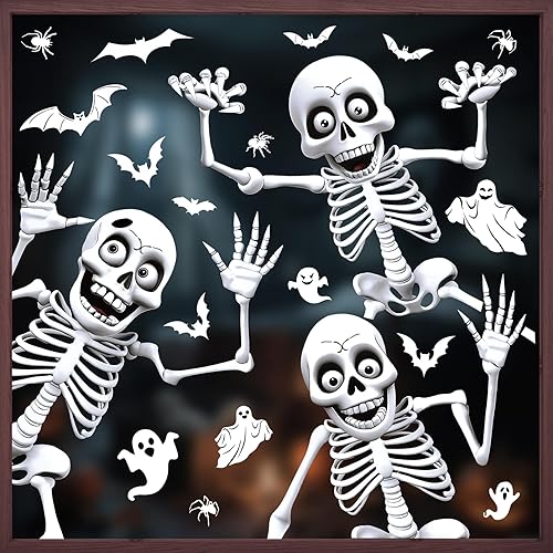 Halloween Window Skeleton Stickers- Extra Large Stereoscopic Effect Skeleton, Bat, Ghost & Spider Decals for Window Decorations - Reusable Window Clings for Home Classroom Office Haunted Party