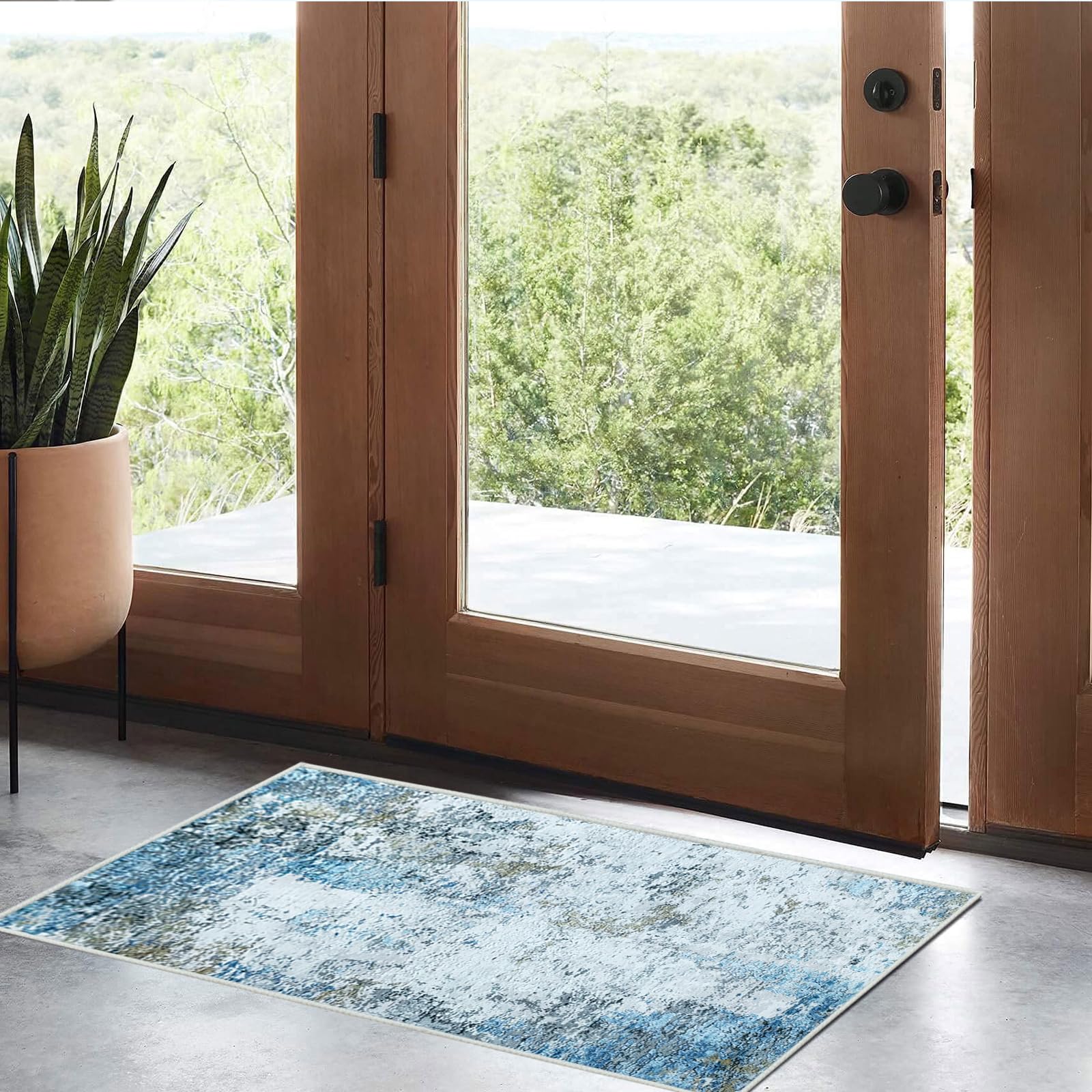 JURLEA Hallway Runner Rug 60 x 120 cm, Non Slip Washable Carpet Runner for Hallway Kitchen Living Room Cream Blue No Shedding Carpet