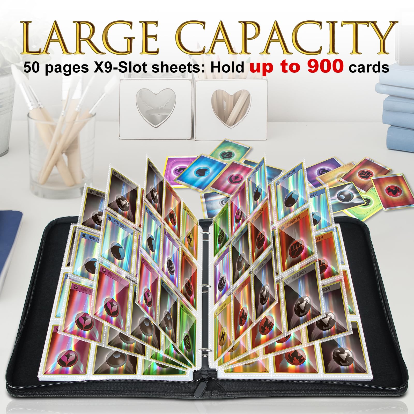 YYAQZD Album Raccoglitore,Raccoglitore per Carte, Album di Carte Collezionabili PU Album Carte con Cerniera,Maniche Rimovibili e Cerniera, Può Contenere 400 Carte,Regali creativi per ragazzi