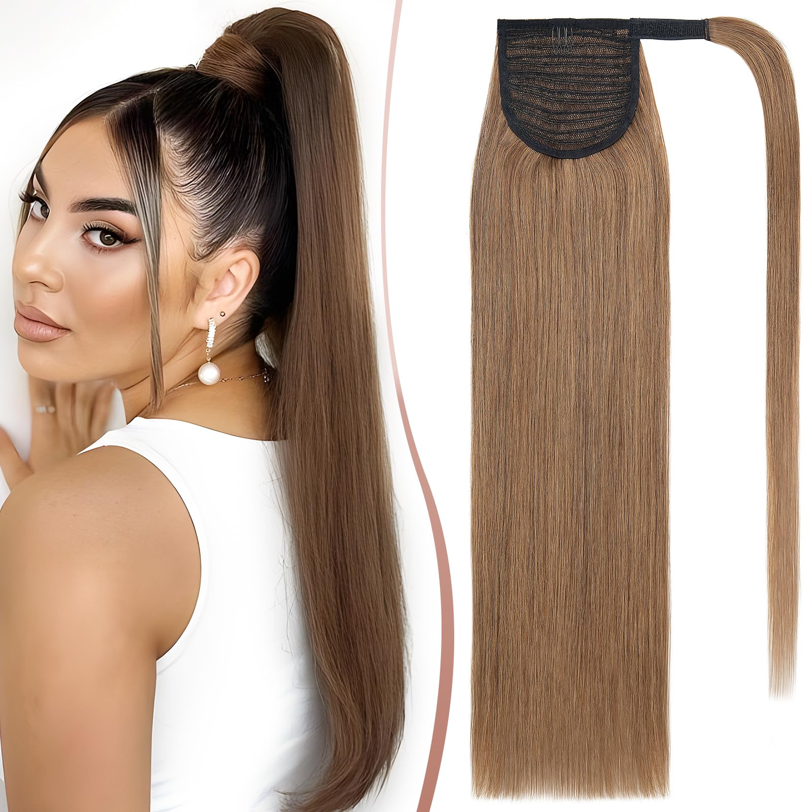 Elailite Human Hair Ponytail Extension Straight - Wrap Around Clip in Real Hair Ponytail 100% Remy Hair (#6 Light Brown, 14 Inch) โ image 1