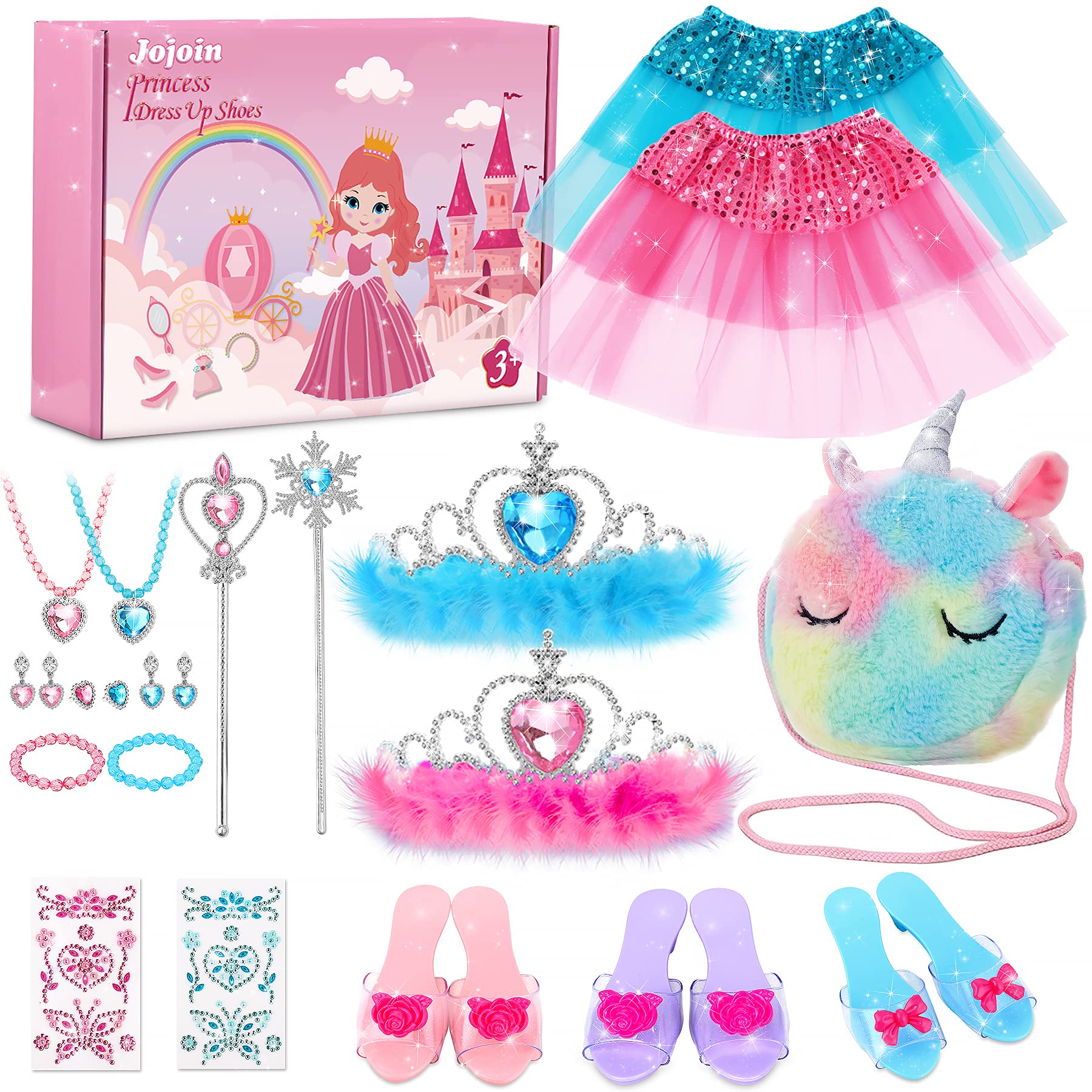 Jojoin Shoes Princess Dress Accessories with 3 Pairs Princess Shoes, 1 Unicorn Bag and 2 Skirts, Princess Set Gift Role Birthday Age 3-6