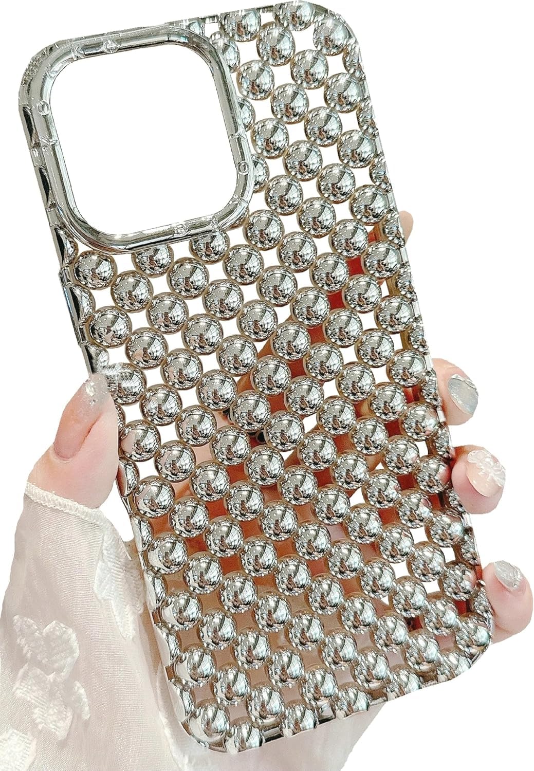 JANDM Hollow Out Compatible with iPhone 13/14 Case, Fashion Beads Bubble 3D Cut-Out Design,Glossy Chrome Electroplate Silicone Glitter Breathable Case for Women Girls,Silver