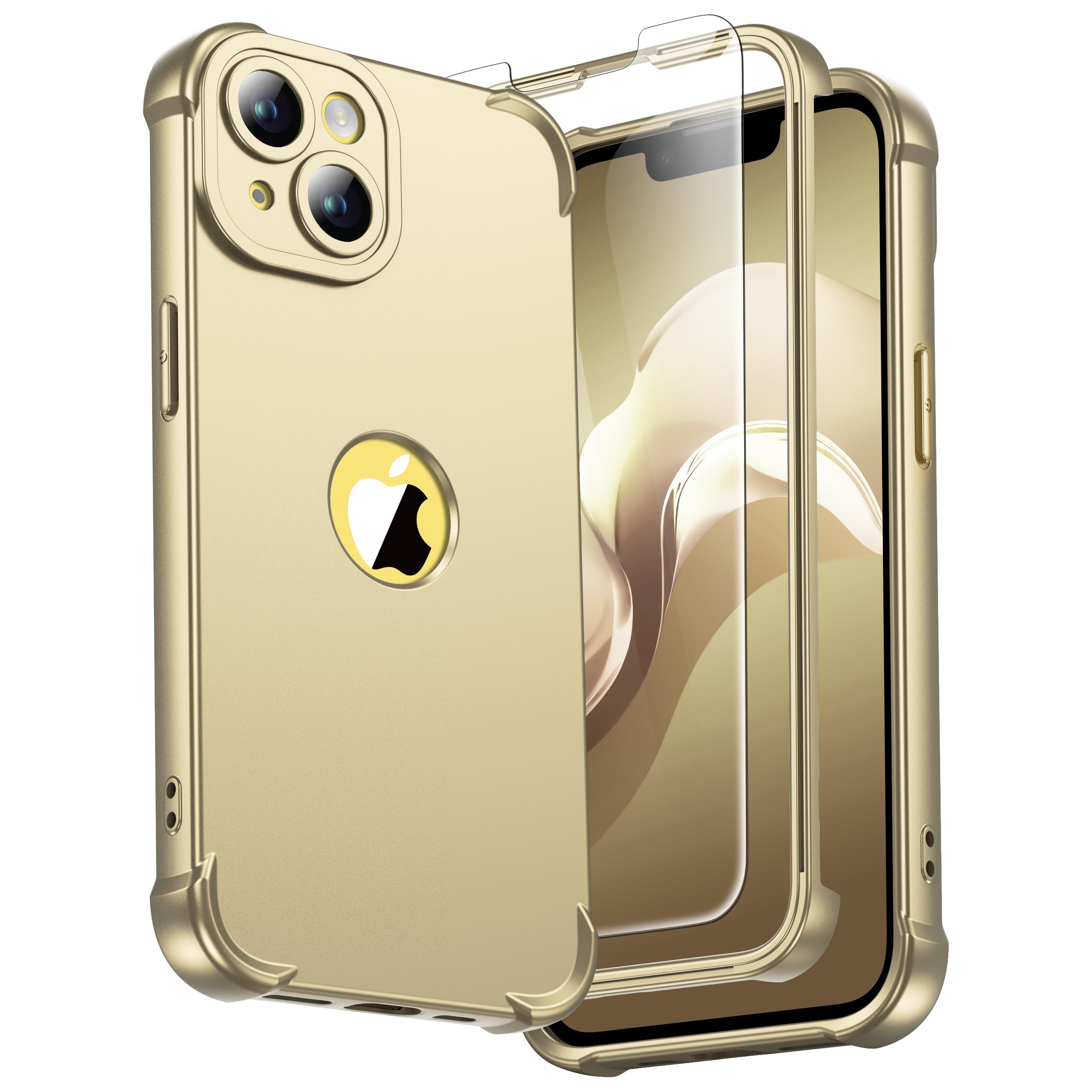 ORETECH for iPhone 14 Case 6.1 inch, with [2 Pack Screen Protector] [Camera Lens Guard] [15FT Military Grade Drop Test] 360° Shockproof Slim Fit Design Rubber Bumper Phone Cover - Gold