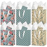 wjrsxilt Beautiful Vintage Gift Bags Set of 6 - Medium Sized 9" Bags with Handles incl. Matching Tissue Paper, Cards - Reusable & For Presents of Any Birthday, Weddings & Other Occasion