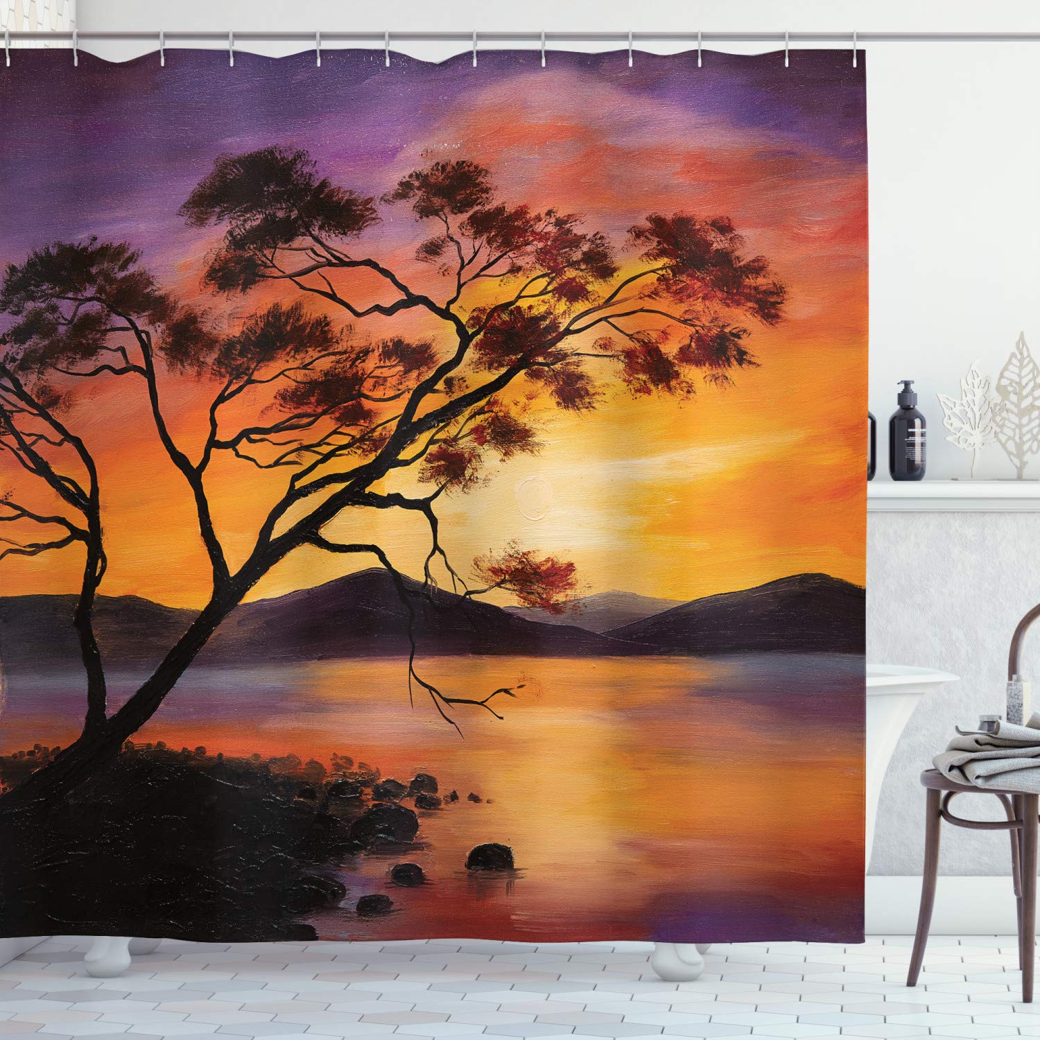 ABAKUHAUS Country Shower Curtain, Picture of Old Tree Bending over River with Mountain Landscape at Sunset, Cloth Fabric Bathroom Decor Set with Hooks, 70 Inches, Burnt Orange Purple — image 1