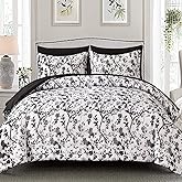 LLDSYW King Size Comforter Set - 7 Pieces Bed in a Bag Soft Microfiber Bedding Comforter Set Leaves Floral Pattern on White Comforter Sets with Sheets for All Seasons (King, Black)
