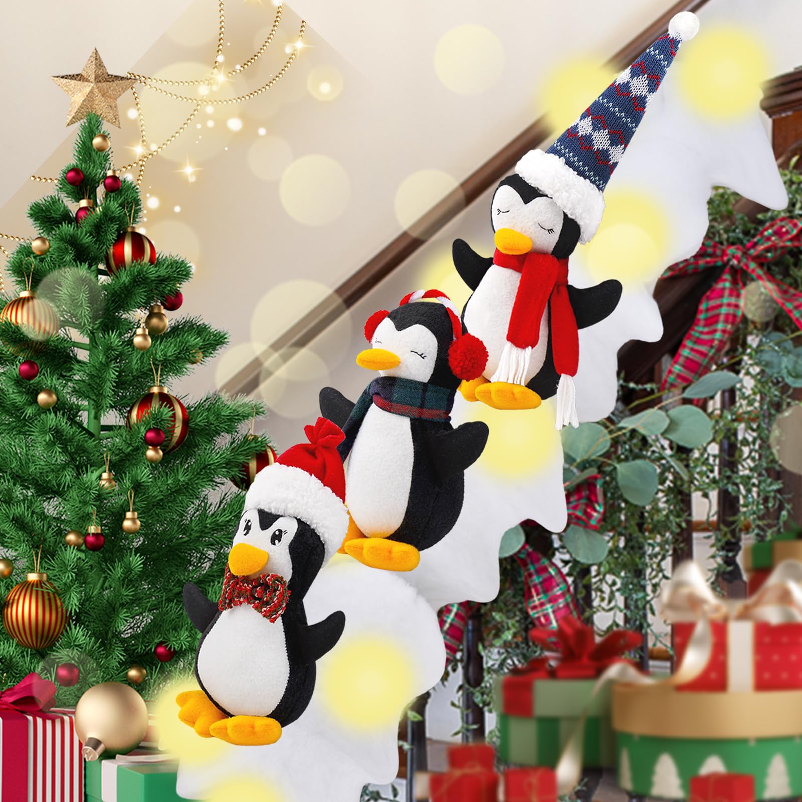 Photo 1 of Lighted Christmas Stairs Decorations Railing Banister Set Christmas Garland Swags for Sliding Stuffed Penguins Banister on Snow Handrail for Christmas Staircase Holiday Snow Surfing Set, Set of 4