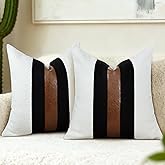 QoBexim Boucle Pillow Covers with Faux Leather Accents 18"x18" Set of 2, White and Black Decorative Pillow Covers with Faux Linen Patchwork Modern Farmhouse Cushion Covers for Couch Sofa Bed Home