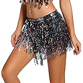 Lauthen.S Women Sequin Skirt Tassels Belly Dance Hip Scarf Sparkly Rave Fringe Wrap Skirt