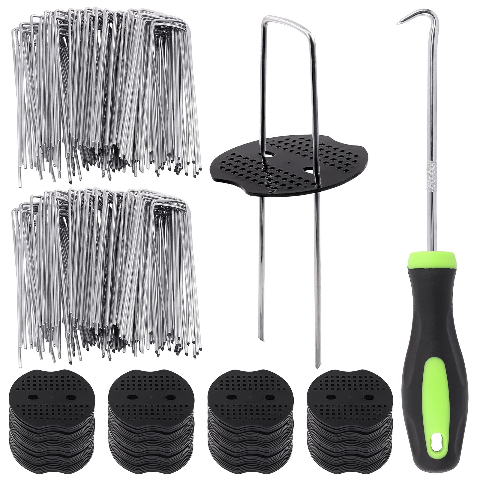 Photo 1 of ***ONLY THE GASKETS/MISSING PARTS**Glarks 201Pcs Garden Stakes Staples Kit, 100Pcs 6 Inch U-Shaped Landscape Staples, 100Pcs Fixing Gasket with 1Pc Pick Hook for Weed Barrier Fabric, Ground Cover, Holding Fence and Artificial Turf