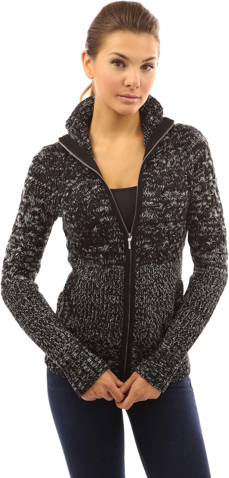 PattyBoutik Women Mock Neck Marled Zip Up Cardigan