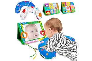 beetoy Tummy Time Pillow with Baby Mirror,Tummy Time Mirror with Detachable Teethers,Montessori Sensory Baby Toy for Infant Newborn Toddler,High Contrast Baby Toys for Number & Color Brain Development