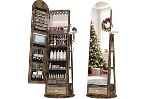 LVSOMT 360° Swivel Arched Jewelry Mirror Cabinet, 64"H Standing Jewelry Armoire with 6 LED Lights, Lockable Jewelry Organizer, Arch Full Length Mirror with Storage, Inner Shelf, Drawers (Retro Brown)
