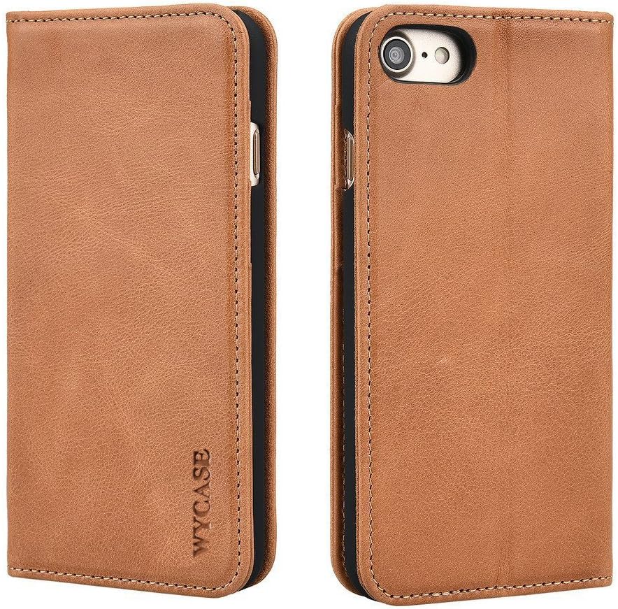 WYCASE® iPhone 8 Case,iPhone 7 Cas Leather Wallet Case, Flip Folio Book Cover with Kickstand,Card Slots,Magnetic Closure Brown