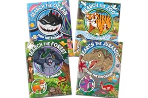 Elfew 4 Pack Find The Animals Activity Book for Kids Ages 3-5,4-8. Find The Animals in Ocean, Zoo, Jurassic and Forest, Find Puzzles and Learn About Animal Knowledge, Kids Educational Toys