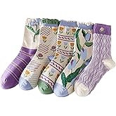 MarJunSep Cute Floral Crew Socks for Women Teen Girls Flower Cottagecore Frilly Vintage Fancy Cotton Socks