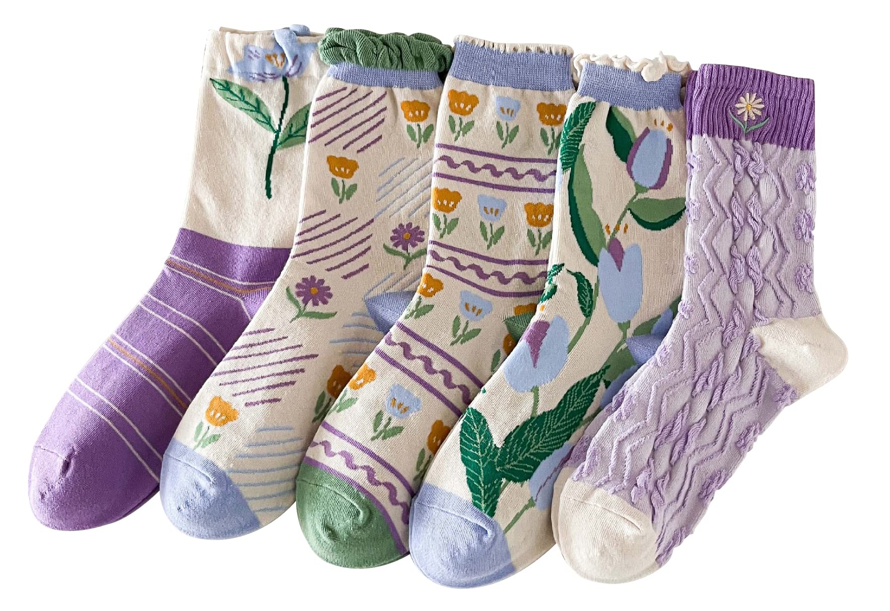 Photo 1 of MarJunSep Cute Floral Crew Socks for Women Teen Girls Flower Cottagecore Frilly Vintage Fancy Cotton Socks Purple