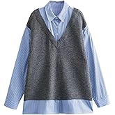 AIWUFLY Womens 2 in 1 Panel Lapel Sweater Long Sleeve Striped Blouse with V Neck Knit Vest Twofer Tops