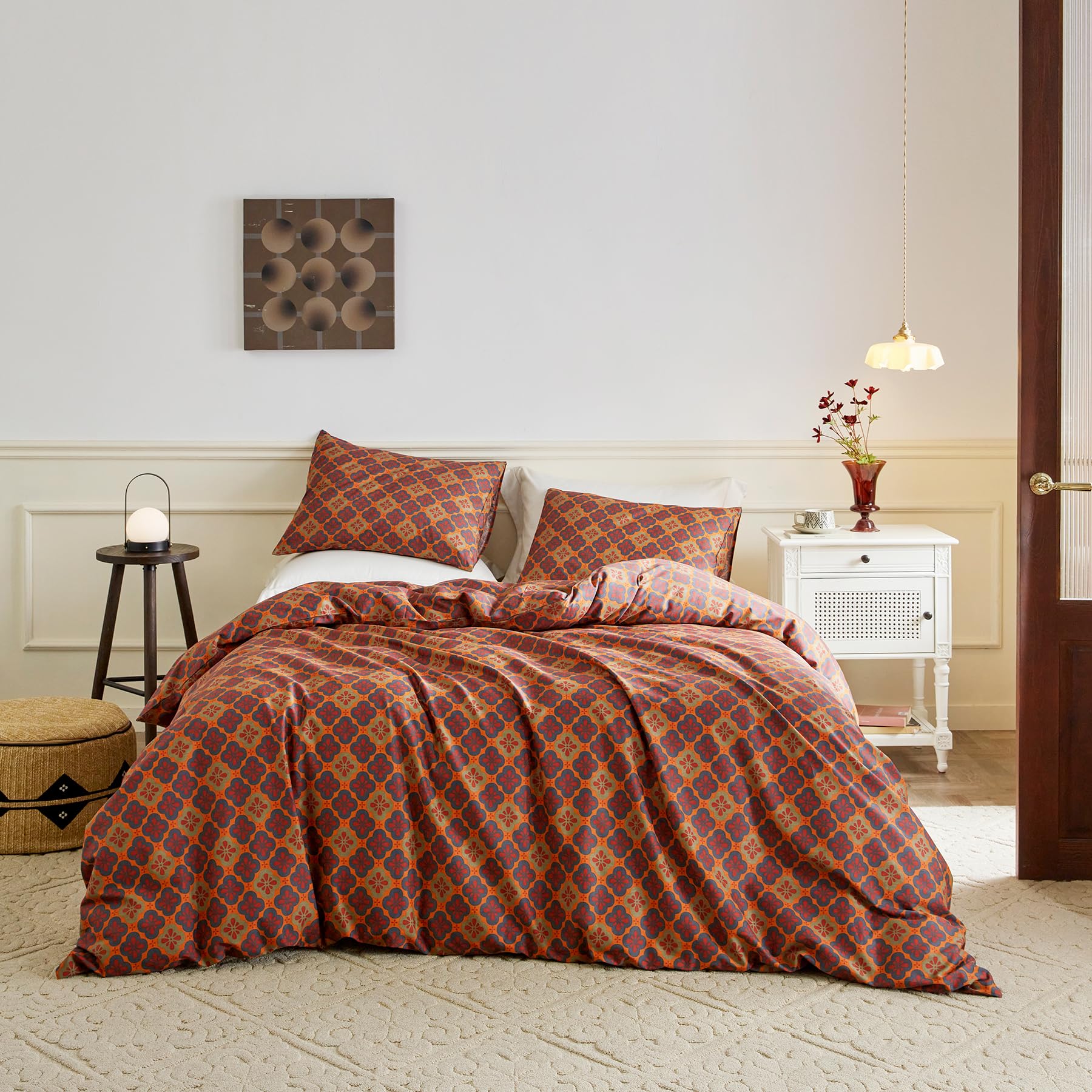 Photo 1 of SUSYBAO Morocco Flower Duvet Cover King 100% Cotton 3 Pcs Set 1 Red Ethnic Floral Duvet Cover with Zipper Ties 2 Pillowcases Vintage Exotic Orange Boho Bedding Set Soft