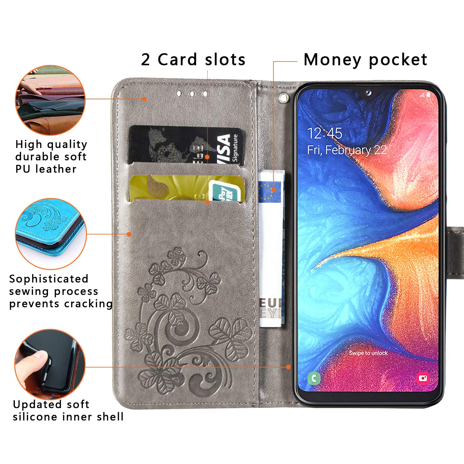 Halnziye Case for Samsung Galaxy A10E, Magnetic Closure Soft TPU Flip Leather Wallet Phone Case with Kickstand Card Slots Designed for Samsung Galaxy A10E Cover (Grey)