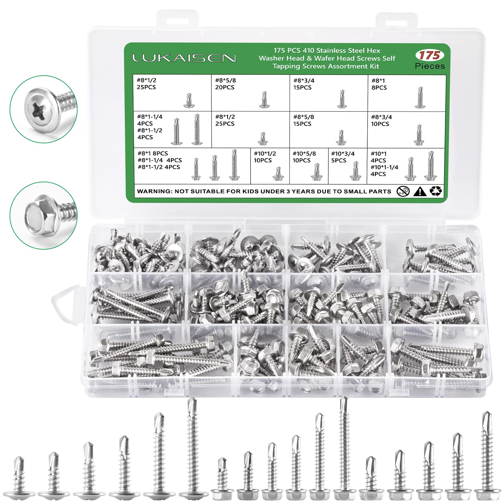 175Pcs Self Drilling Screws Assortment Kit, 410 Stainless Steel Self Tapping Sheet Metal TEK Screws for Metal, Truss & Hex Washer Head #8#10-1/2",5/8",3/4",1",1-1/4",1-1/2"