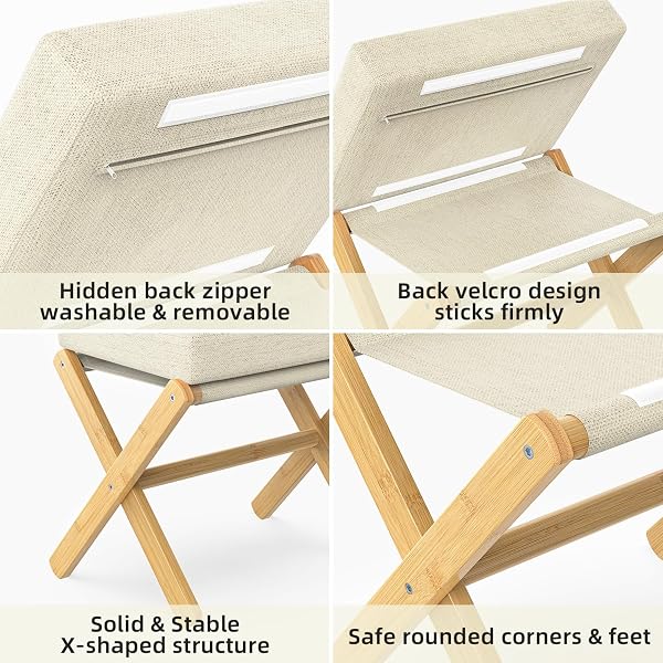 BAMBOOHOMIE FOLDABLE FOOT STOOL OTTOMAN, MODERN FOOT REST WITH BAMBOO X LEGS & THICK FOAM CUSHION, FOLDING FOOT STOOLS SMALL PADDED FOR BEDROOM LIVING ROOM, FOOTSTOOL FOR CHAIR COUCH (NATURAL – BEIGE)