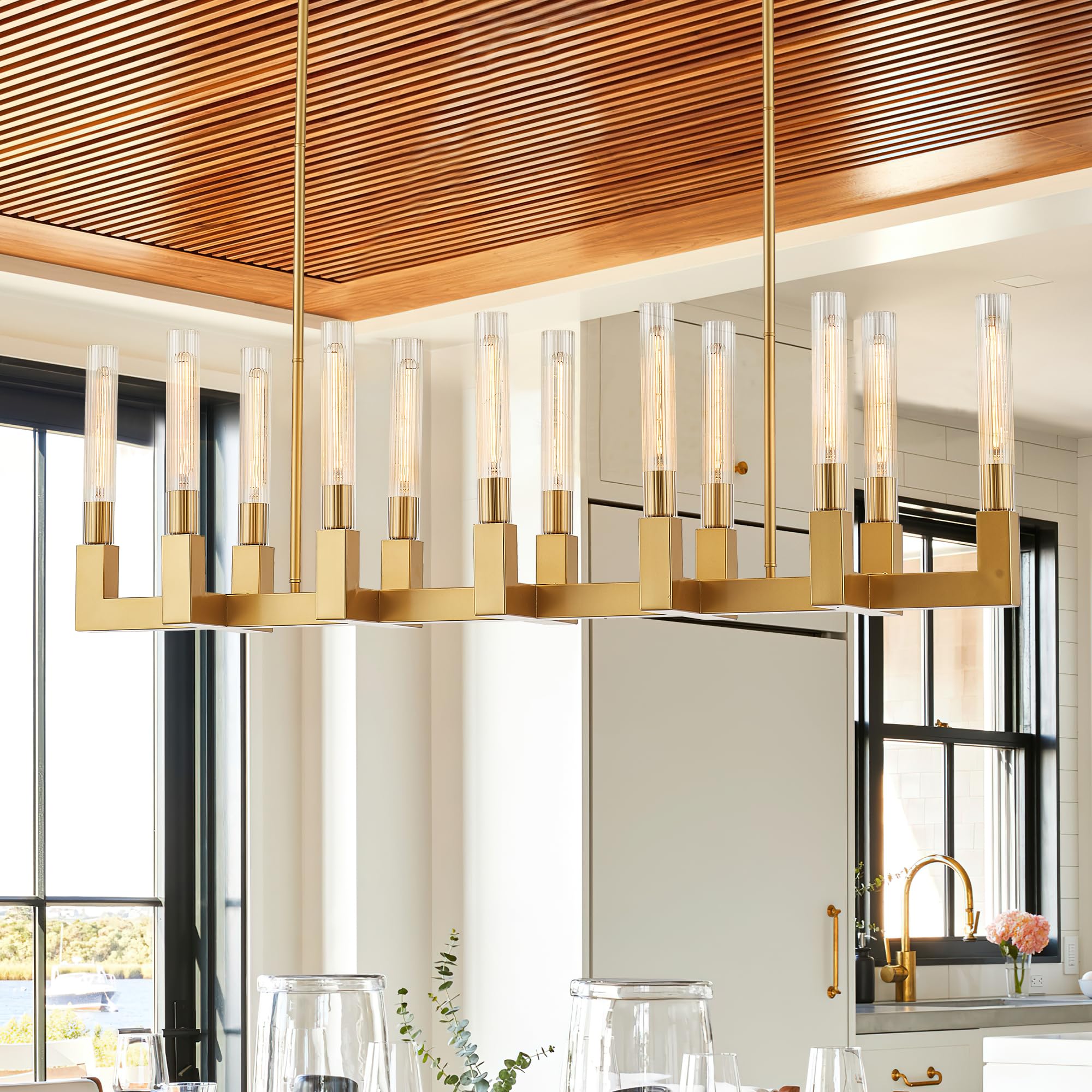 Photo 1 of TACDANDM 54-inch Linear Dining Room Pendant Light Fixture with Glass Tube,Gold Rectangular 12-Lights Industrial Kitchen Island Lighting Over Table(Included E26 Bulbs)