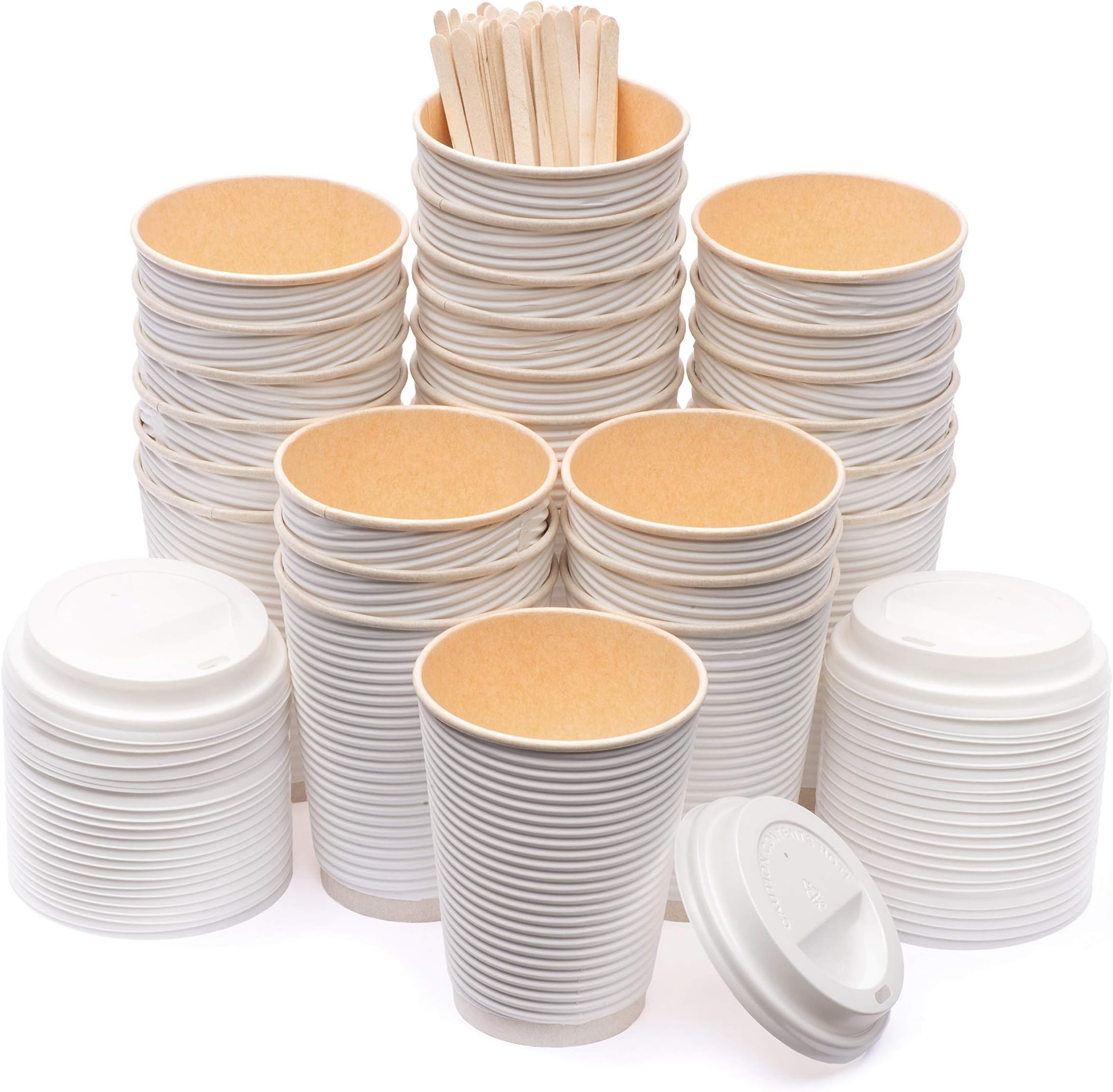 100 Packs (12 oz) To Go Rippled Sleeve-Free Paper Coffee Cups with Lid & Stirrer