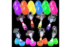 CHOOHC 48 Pack Easter Basket Fillers Set – 24 Fillable Plastic Eggs + 24 Space Astronaut Finger Lights, Light Up Easter Rings