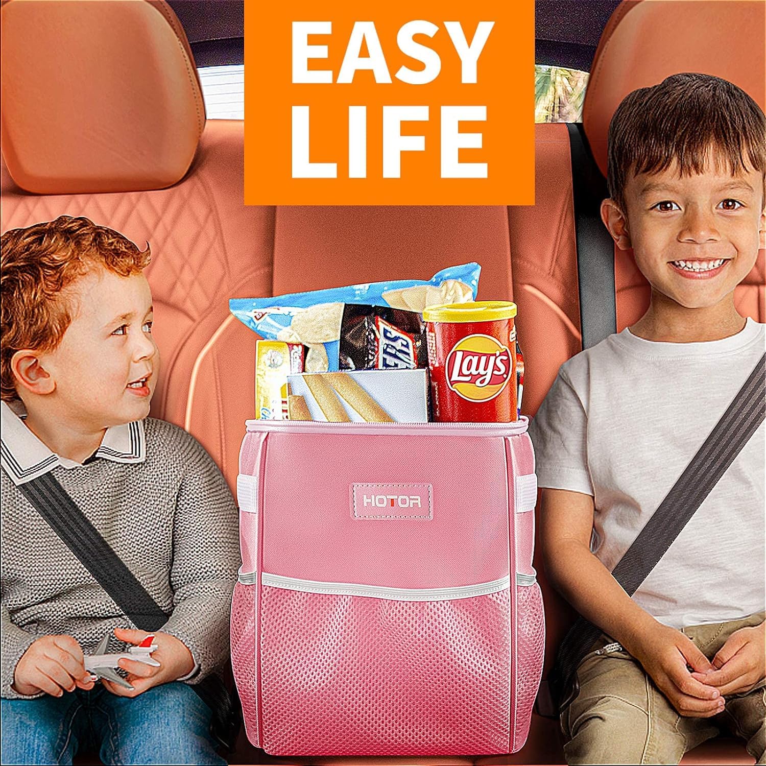 HOTOR Car Trash Can with Lid and Storage Pockets