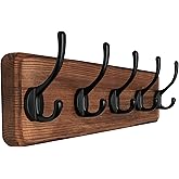 SKOLOO Rustic Wall Mounted Coat Rack with 16 Inch Mounting Hole Distance, Pine Solid Wood Coat Hook Hanger - 5 Hooks for Hanging Clothes Robes Towels Coats