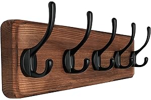 SKOLOO Rustic Wall Mounted Coat Rack with 16 Inch Mounting Hole Distance, Pine Solid Wood Coat Hook Hanger - 5 Hooks for Hanging Clothes Robes Towels Coats
