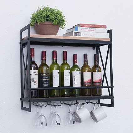 INDIAN DECOR. 26105 Rustic Industrial 2-Tiers Wood Metal Wall Mounted Shelf Floating Shelves Wine Racks with 5 Stem Glass Holder (23.6 Inch)