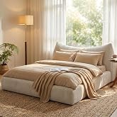 Homkdom Queen Size Corduroy Cloud Bed Frame with Cat-Ear Headboard, Beige | 31.5" Removable Shredded Foam Headboard, 882 lb Capacity, Anti-Collision Corners, No Box Spring, Guest Rooms, Apartments