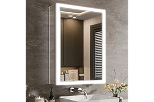 QueenFun Lighted Medicine Cabinet with Mirror & Clock -20x26 Surface or Recessed Aluminum Medicine Cabinet with Dimmable Light & Outlet, Anti-Fog, Built-in Sensing Light, Assembly-Free